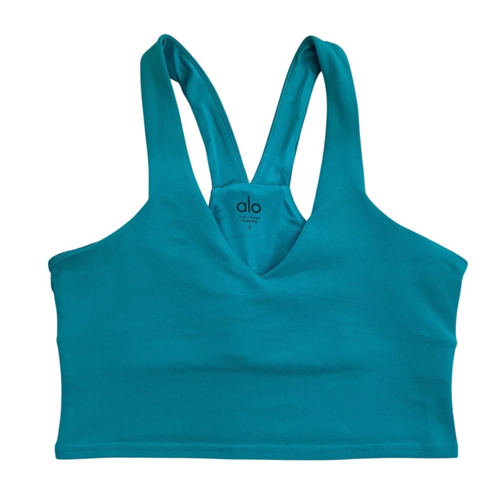 ALO Yoga Airbrush Real Bra Tank Teal Blue V-Neck Racerback Crop Top S